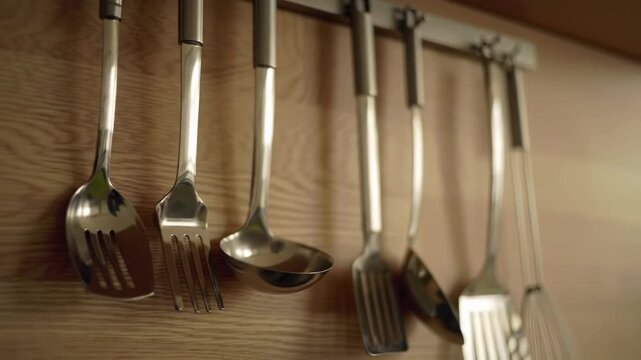 Kitchen utensils hanging on a wooden wall