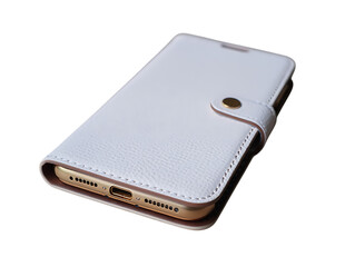 White leather flip case for smartphone isolated on transparent background