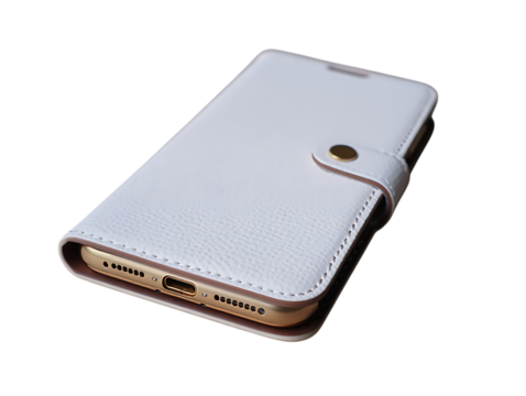 White leather flip case for smartphone isolated on transparent background
