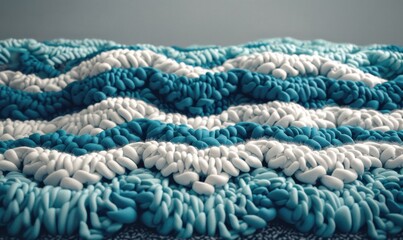 Textured woven textile with blue and white looped yarn wave pattern close up