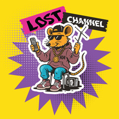 Street Style Cartoon Mouse with Remote and Boombox Illustration. retro mouse 90s for tshirt design