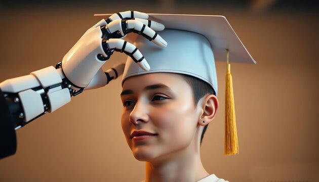 Robotic arm placing a graduation cap on a student, symbolizing the future of AI in education and academic achievement.