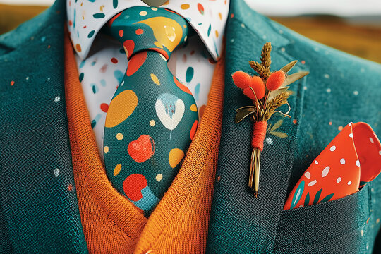 Stylish Abstract-Patterned Tie And Floral Boutonniere On Teal Suit With Orange Vest Celebrating Joyful Elegance