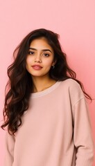 Fototapeta premium Portrait of beautiful young woman with long wavy hair in pink sweater on pink background studio shot