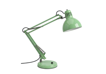 A stylish light green desk lamp with a flexible articulated arm, visible springs and joints, and a domed shade, captured as a full object from a high angle against a transparent studio background,