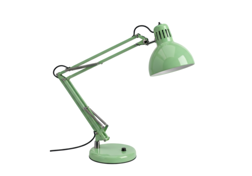 A stylish light green desk lamp with a flexible articulated arm, visible springs and joints, and a domed shade, captured as a full object from a high angle against a transparent studio background,