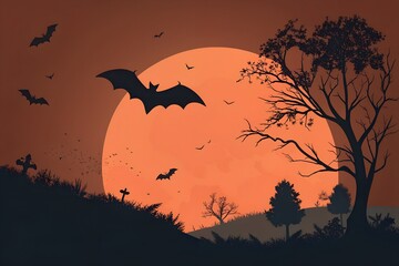 Spooky Orange Sunset with Bat Silhouettes and Bare Trees

