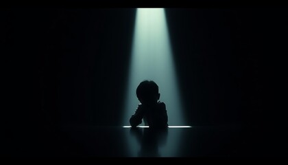 Mysterious silhouette of a small figure emerging from the dark into a dramatic spotlight, evoking a sense of discovery