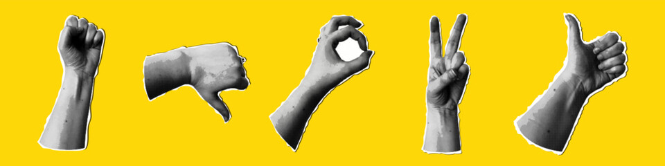 black and white collage of human hands with vintage pop art effect. retro sticker style on yellow background. concept of poster design and bold visual communication