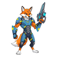 A futuristic anthropomorphic fox character in advanced armor confidently holds a weapon ready for action.