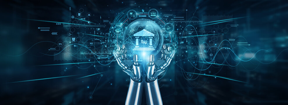 Robot hands holding global network and banking systems, financial services automation compliance security transactions digital platforms risk assessment customer engagement, and fintech analytics.