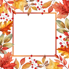 Autumn frame with hand drawn beautiful watercolor leaves and berries. Elegant background vector illustration
