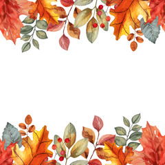 Autumn floral border with hand drawn watercolor leaves and berries. Decoration for Fall, Thanksgiving and Harvest Day design. Vector illustration