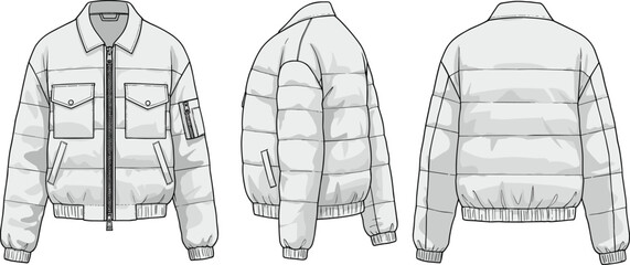 CAD drawing flat vector illustration of bomber jacket, front side and back views, zipper and pocket detail, garment construction layout, stylish outerwear sketch, fashion template