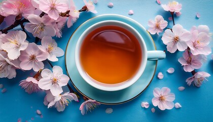 a soft pastel colored cup of tea rests on a light blue surface beautifully accented by cherry blossoms evoking a sense of calm and tranquility in a serene environment