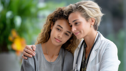 Fototapeta premium Doctor comforting a frightened teen patient in a supportive setting
