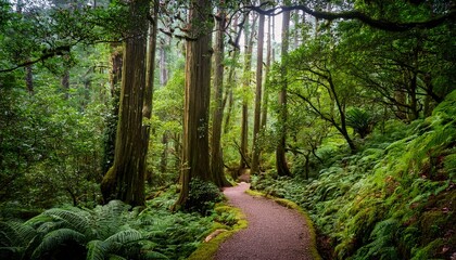Obraz premium a serene pathway winds through a lush green forest surrounded by tall trees and vibrant foliage inviting exploration and tranquility