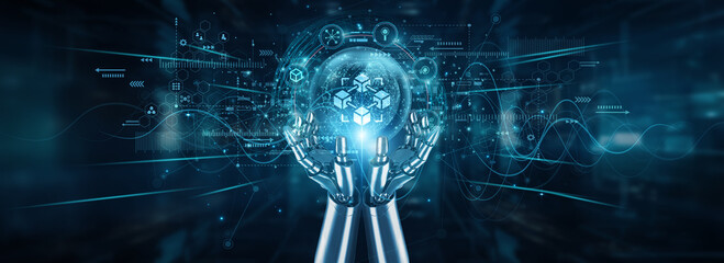 Robot hands holding global network and blockchain technology, decentralized security encryption automation ledger smart contracts transparency tokens innovation fintech verification.