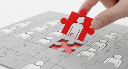 Hand placing a red jigsaw puzzle piece with a person icon into a larger puzzle of people icons