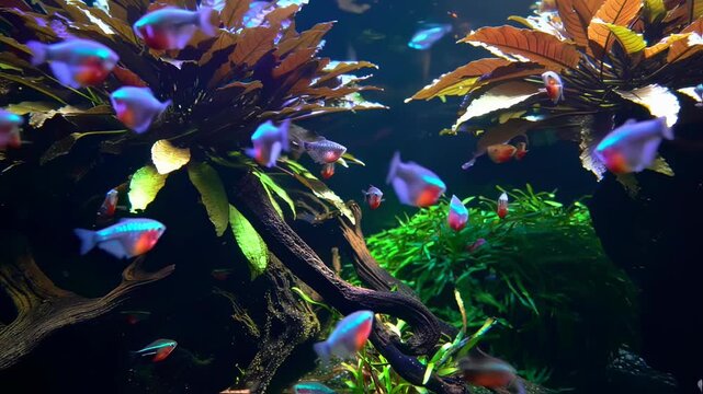 A Dazzling School of Neon Tetra Fish Swimming Through a Lush Underwater Aquascape. 4k Footage Background Animation Video