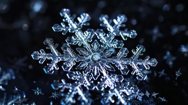Close-up of intricate snowflake patterns against a dark background