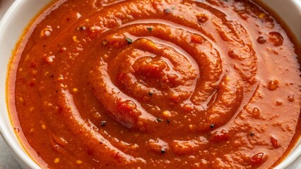 Fototapeta premium Flat Lay of Chili Sauce with Swirling Surface Texture and Chili Seeds for Culinary Projects