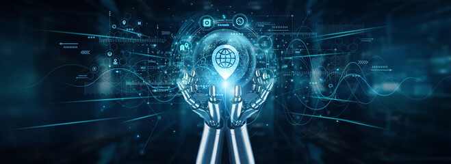Robot hands holding a global network and GIS mapping, geospatial data automation analysis tracking...