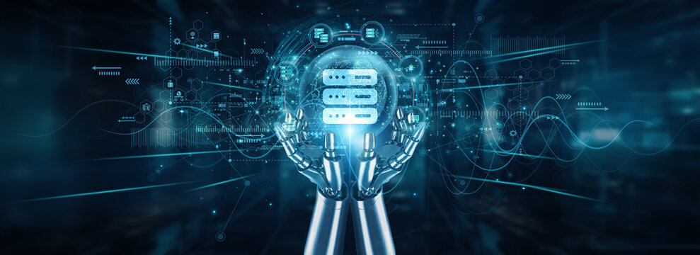 Robot hands holding global network and hosting services, web servers, cloud automation, domains, infrastructure uptime, scalability, data storage management platforms, and availability.