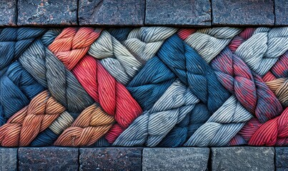 Woven fiber texture background with colorful pattern and stone border