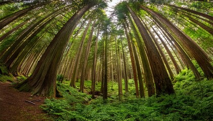a dense forest with tall straight trees and lush green foliage creating a serene natural environment
