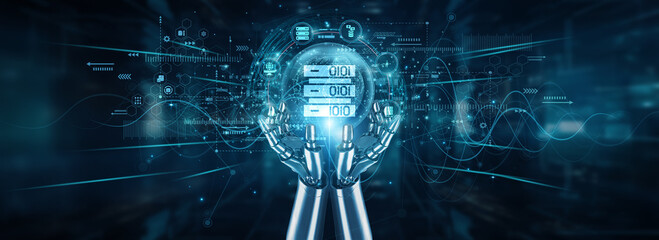 Robot hands holding a global network and big data analytics, volume velocity automation variety processing intelligence patterns insights infrastructure visualization, and decision systems.