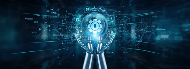 Robot hands holding global network and access management solutions, authentication control automation identity permissions security systems user verification roles protocols compliance.
