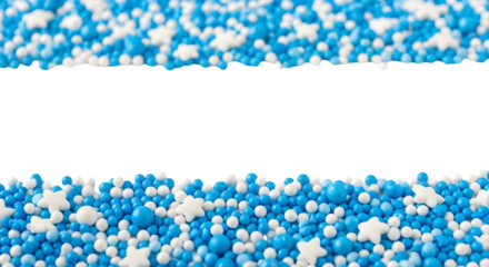 A border of blue and white sprinkles with star shapes visible    .ai generative, transparent background, white background. isolated on white background