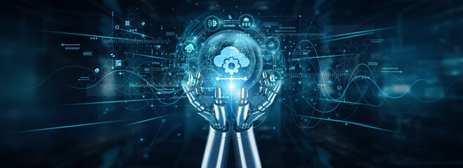 Robot hands holding global network and PaaS offerings, automation development tools cloud environments deployment APIs scalability runtime databases, and application integration.