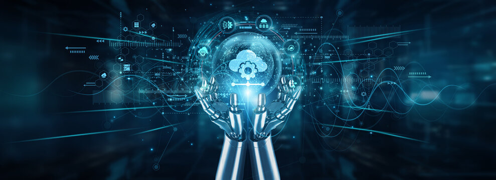 Robot hands holding global network and PaaS offerings, automation development tools cloud environments deployment APIs scalability runtime databases, and application integration.