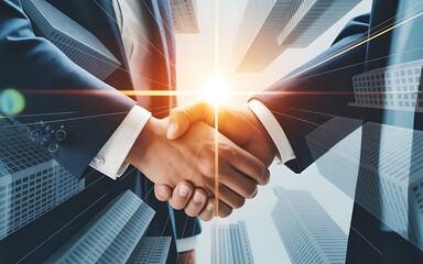 Two businessmen shaking hands with bright sun flare and city buildings overlay handshake agreement