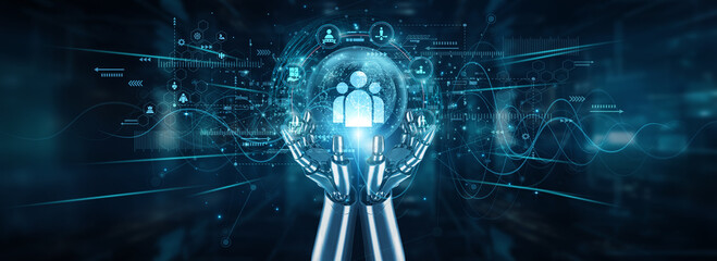 Robot hands holding global network and leadership transformation, guidance vision innovation...