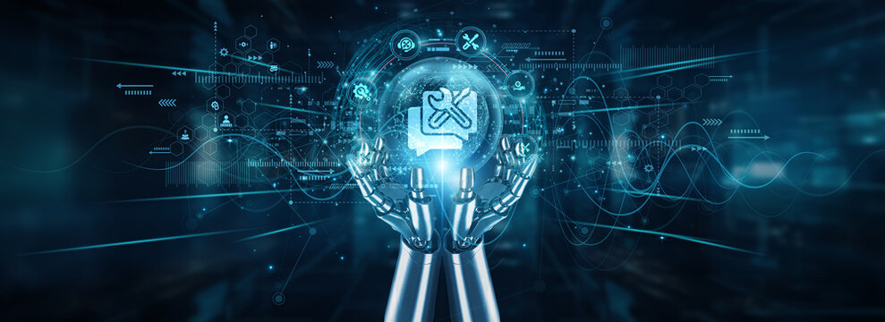 Robot hands holding global network and technical support systems, automation issue resolution diagnostics troubleshooting knowledge base ticketing efficiency, and real-time help.