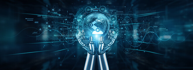 Robot hands holding a global network and Industry 4.0 innovation, automation smart factories IoT AI robotics cyber-physical systems real-time data digital twin integration.