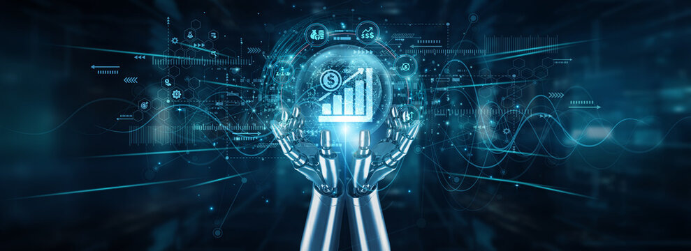 Robot hands holding global networks and strategies to increase sales, automation lead generation conversion optimization CRM engagement marketing upselling analytics insights.