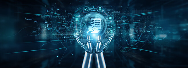 Robot hands holding global network and audit process automation, compliance financial review internal control accuracy risk management regulation transparency assurance.