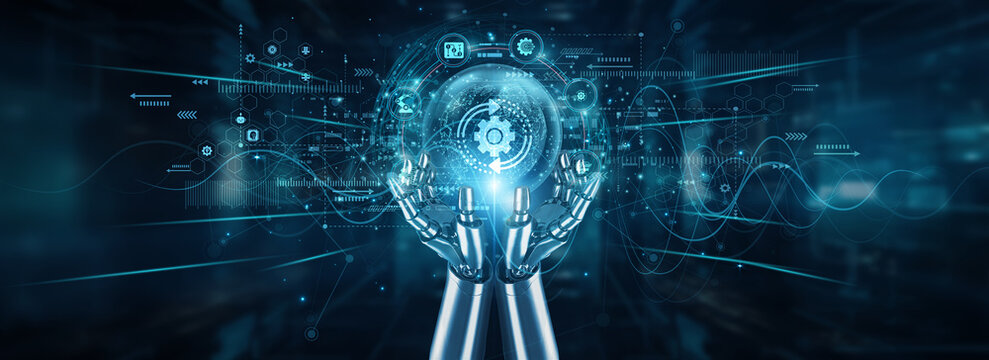 Robot hands holding global network and digital transformation, automation innovation reengineering strategy integration scalability modernization technology-driven growth.