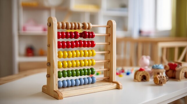 Childâ€™s room table with a vibrant toy abacus, ideal for educational or promotional use