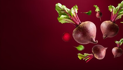 flying red beets in dark burgundy background showcasing fruit and vegetables levitating