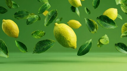 Citrus leaves floating in the air on a green background