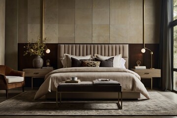 Modern bedroom with upholstered bed and soft lighting in neutral tones  