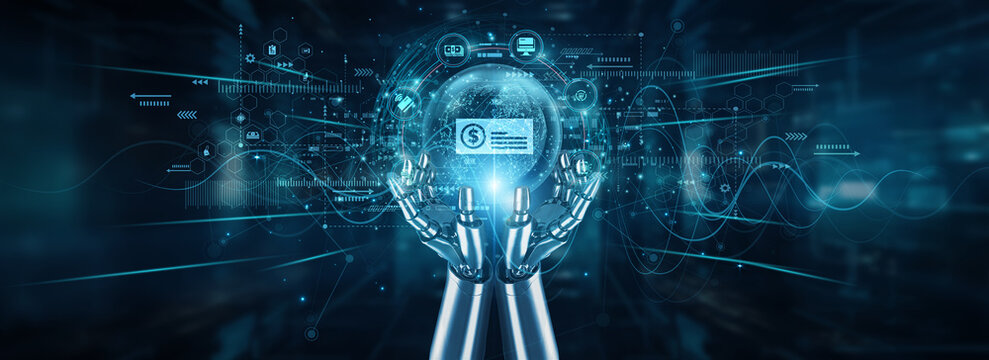 Robot hands holding global networks and digital payment systems, automation transaction processing gateways wallets mobile finance security fintech integration, and user experience. - Powered by Adobe