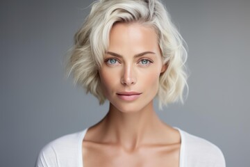 Studio portrait of beautiful blonde model wearing white t shirt, showcasing simple elegance and timeless beauty
