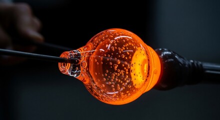 Glowing molten glass being shaped by a glassblower creating art masterpiece