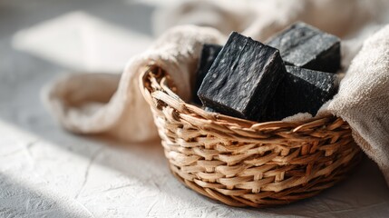 Obraz premium Close-up of natural tar soap placed in a wicker basket on a white tabletop